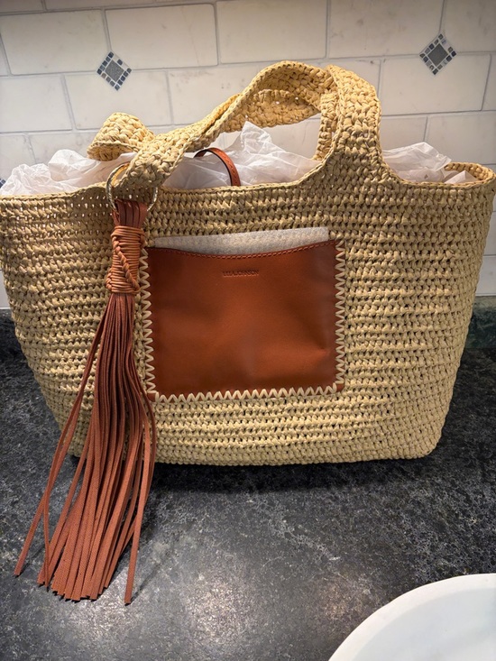 Ulla Johnson Handbags - Ulla Johnson Woven Straw Tote with Brown Leather Pocket and Tassel